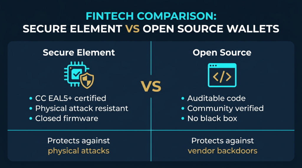 comparison diagram showing secure element wallet with CC EAL5 plus certification and physical attack resistance on left versus open source wallet with auditable community verified code on right