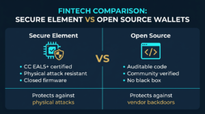 comparison diagram showing secure element wallet with CC EAL5 plus certification and physical attack resistance on left versus open source wallet with auditable community verified code on right