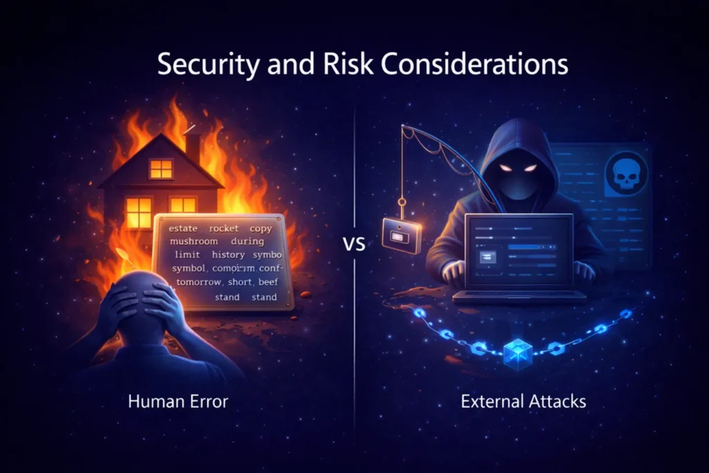 illustration showing crypto self custody security risks including seed phrase loss human error and phishing hacker attacks