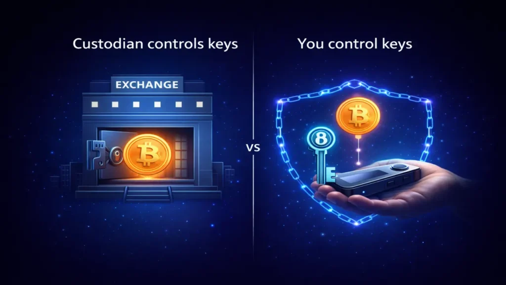 self custody vs custodial crypto wallets showing exchange controlling private keys versus user holding hardware wallet keys