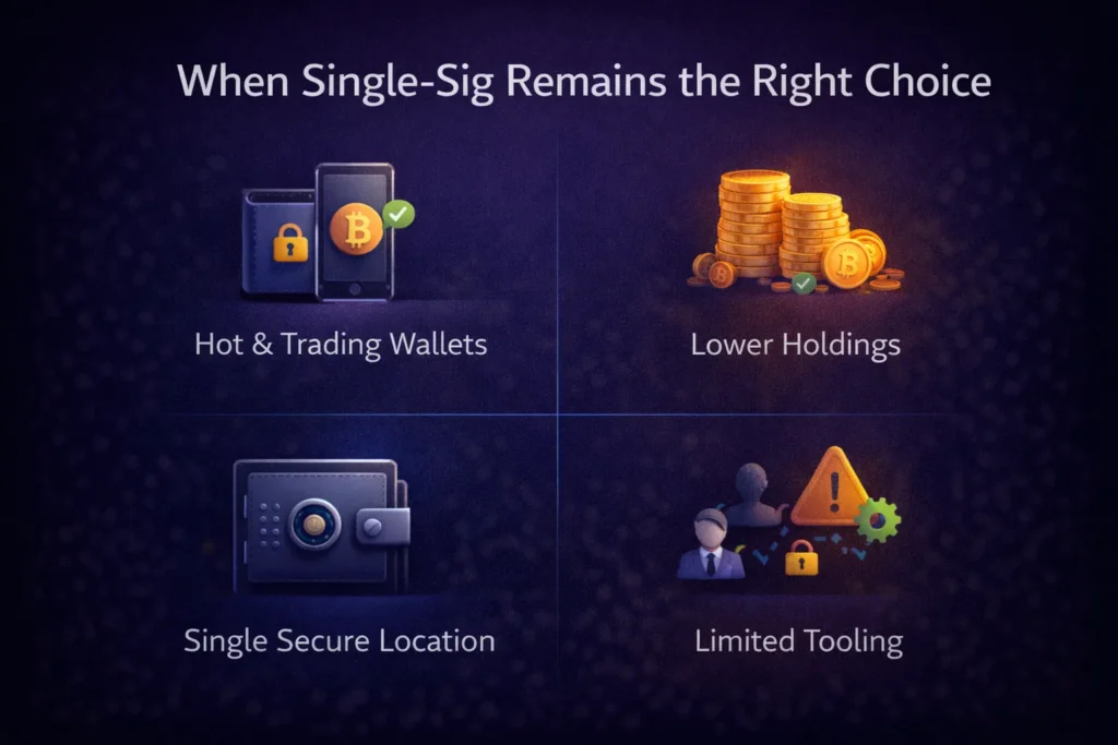 When Single-Sig Remains the Right Choice for Retail Investors Single-Signature Wallet infographic showing scenarios where it remains the right choice for retail investors, including hot wallets, lower holdings, secure locations, and limited multisig tooling.
