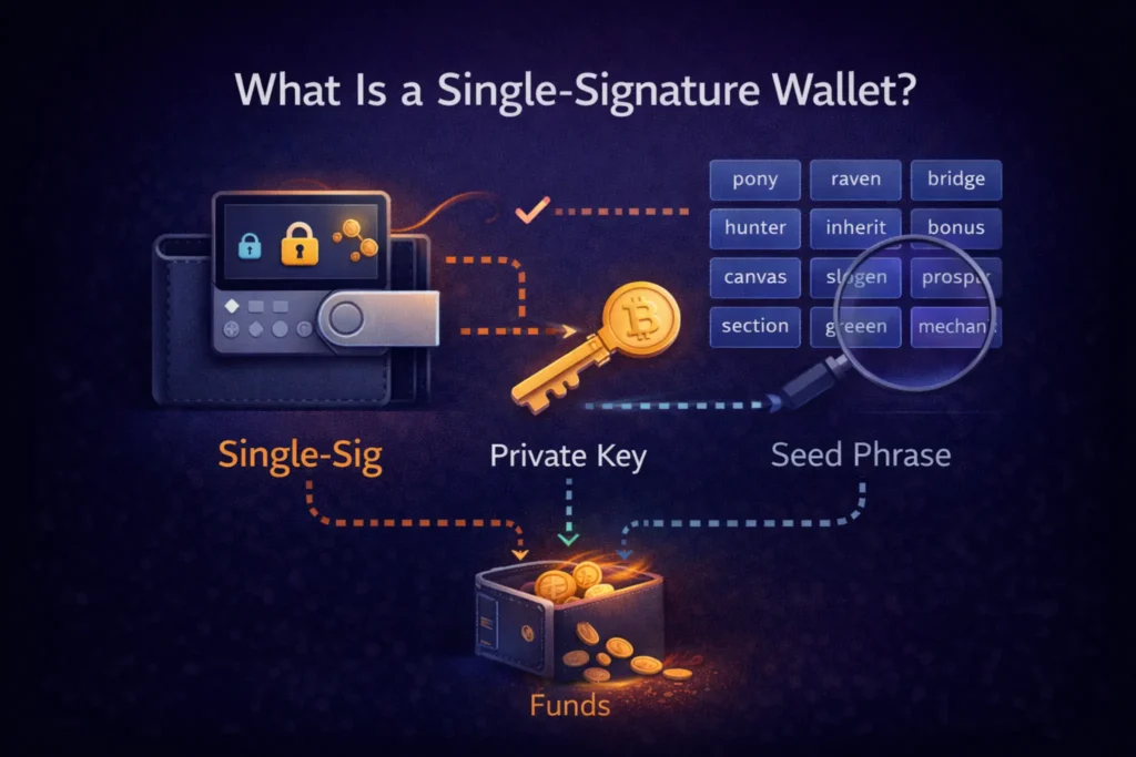 Single-Signature Wallet: Private Key, Seed Phrase, and Fund Security Single-Signature Wallet infographic showing the relationship between private keys, seed phrases, and funds, with a hardware wallet for crypto security.