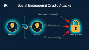 illustration of social engineering tactics targeting crypto users with impersonation and fake trust on a navy background