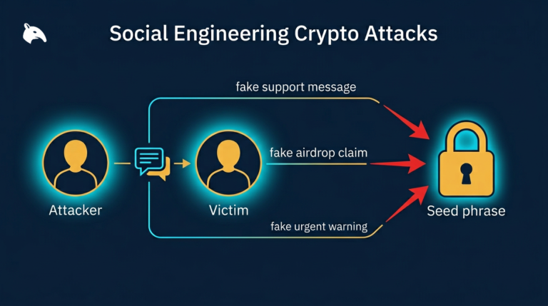 illustration of social engineering tactics targeting crypto users with impersonation and fake trust on a navy background