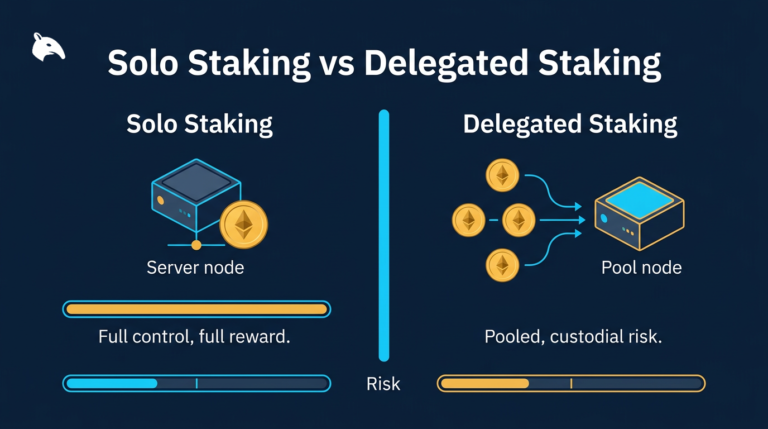 comparison diagram of solo staking versus delegated staking on a navy blue fintech background