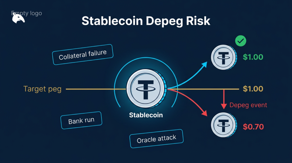illustration of stablecoin depeg risk showing peg break and value collapse on a navy fintech background