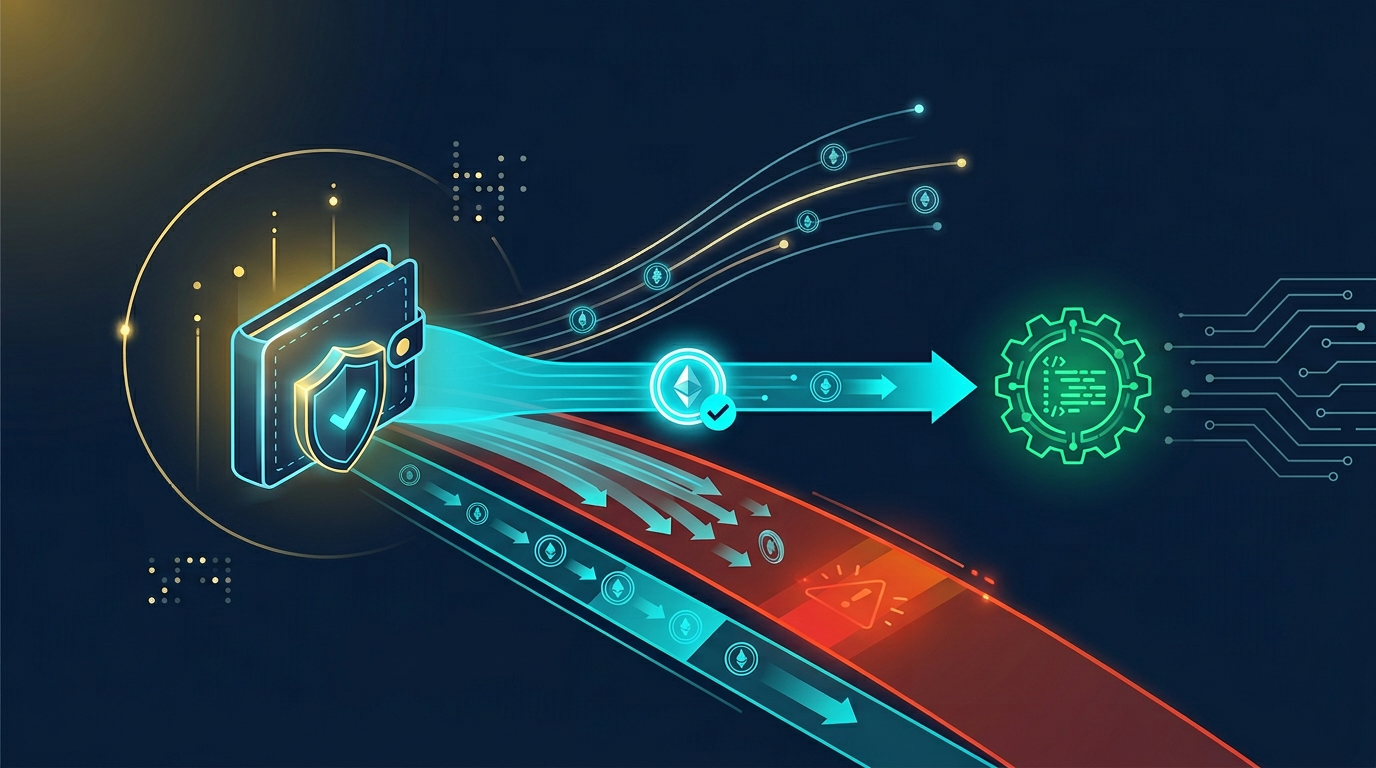 illustration showing a wallet granting token approval to a smart contract with the danger of unlimited allowance highlighted