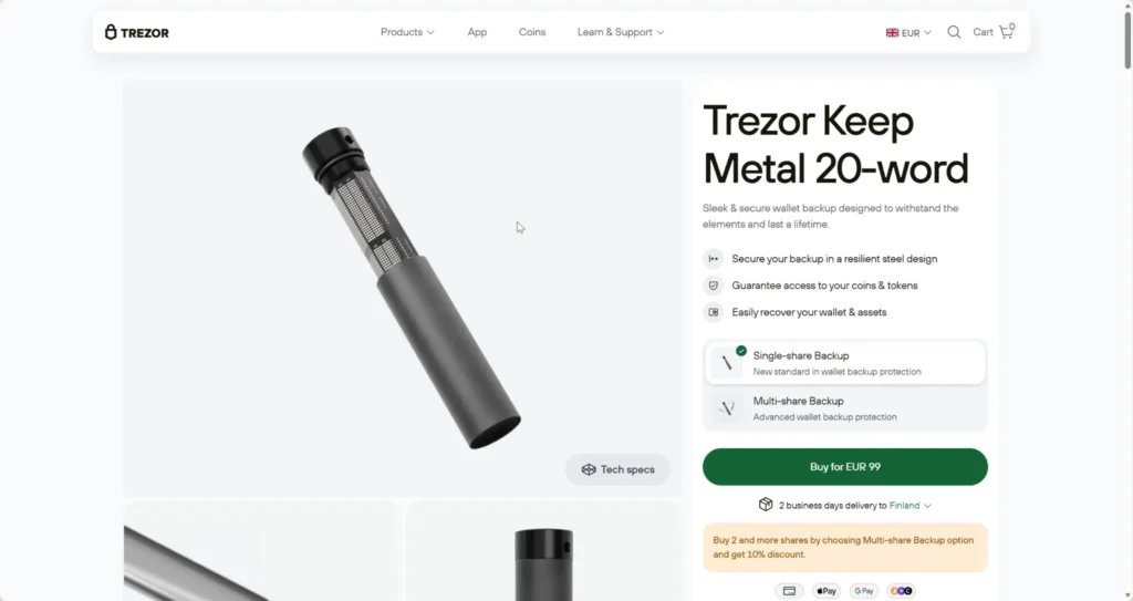 Trezor Keep Metal seed phrase backup capsule for securing crypto wallet recovery phrases