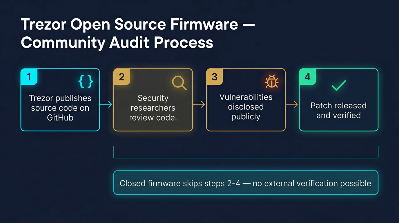 flow diagram showing the open source firmware community audit process from code publication on GitHub through security researcher review to public vulnerability disclosure and patch verification
