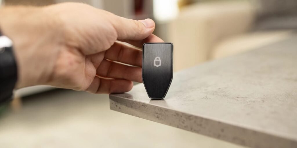 Trezor Safe 3 hardware wallet placed on a table showing secure device used for cryptocurrency self custody