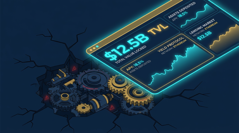 Why High TVL Does Not Mean Safe in Crypto 3 illustration showing a DeFi protocol with high TVL on a dashboard while hidden structural risk and smart contract weaknesses sit underneath