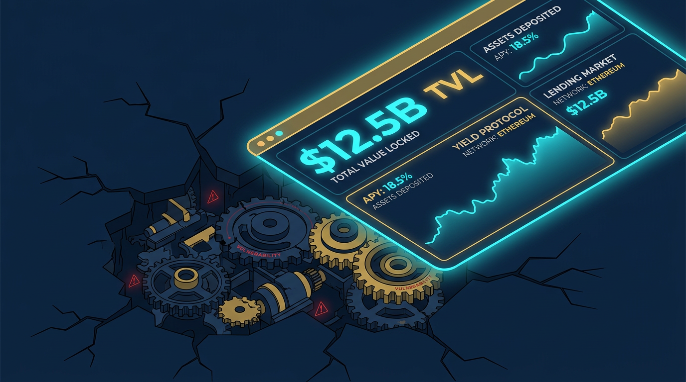 illustration showing a DeFi protocol with high TVL on a dashboard while hidden structural risk and smart contract weaknesses sit underneath