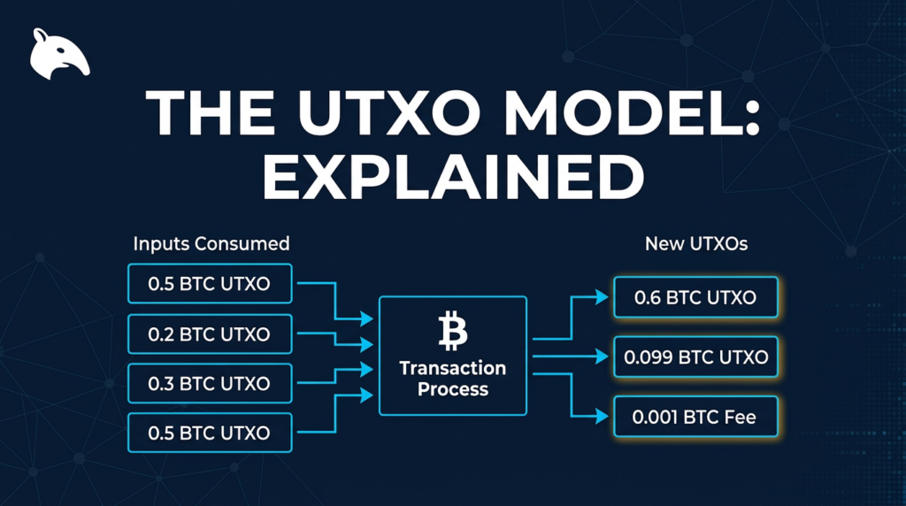UTXO model diagram showing Bitcoin unspent transaction outputs and how inputs are consumed to create new outputs