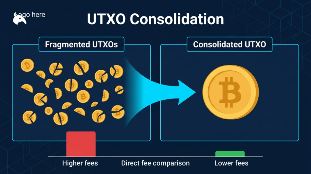 UTXO Consolidation Explained: Cut Bitcoin Fees 1 diagram showing many small fragmented bitcoin UTXOs being consolidated into fewer outputs on a navy background