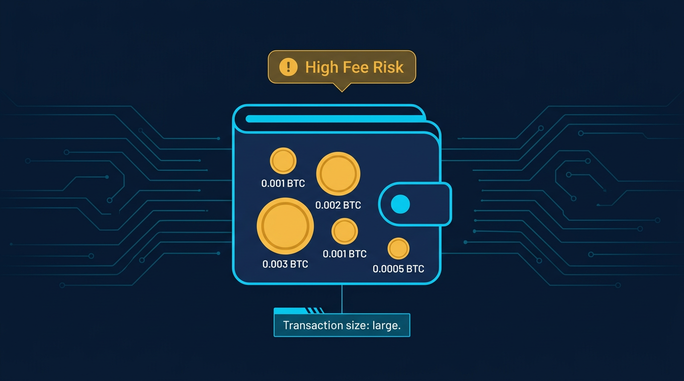 diagram showing a Bitcoin wallet with many small fragmented UTXOs and a high fee risk warning indicator