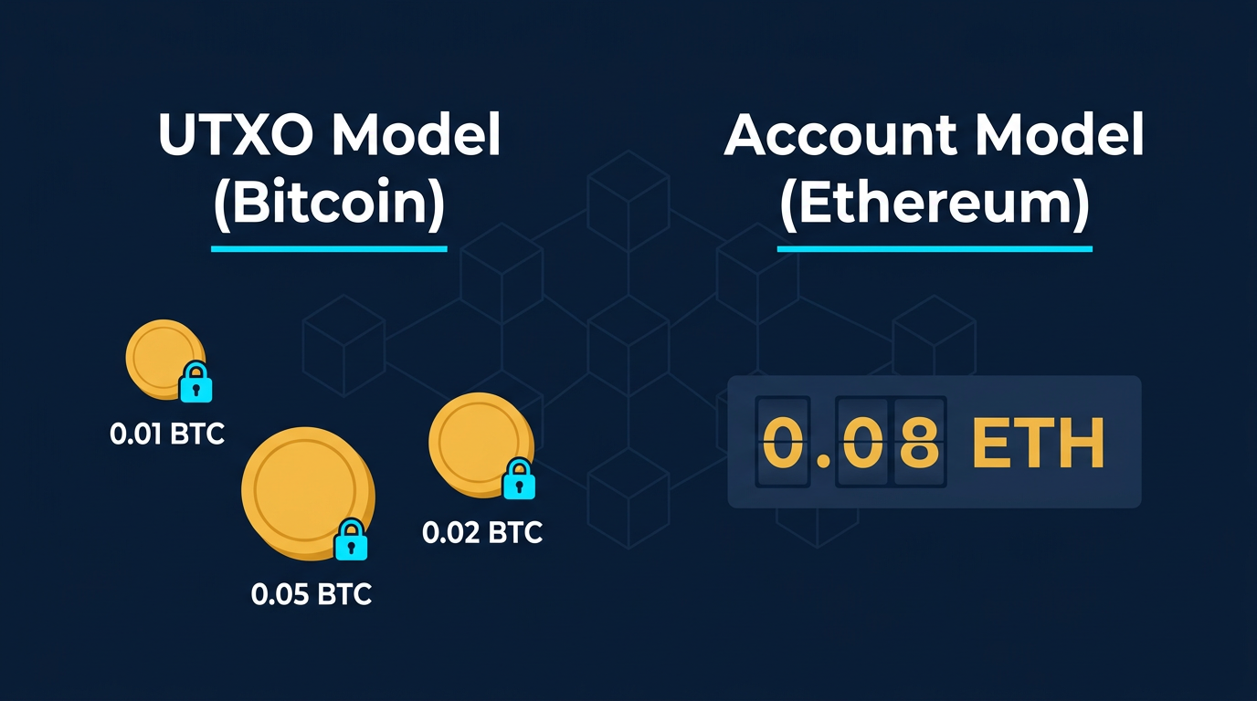 side-by-side diagram comparing Bitcoin's UTXO model with discrete locked outputs versus Ethereum's account model with a single stored balance