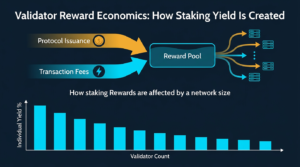 diagram showing how validator rewards flow from protocol issuance and transaction fees into a shared reward pool distributed across validators with yield compressing as validator count grows