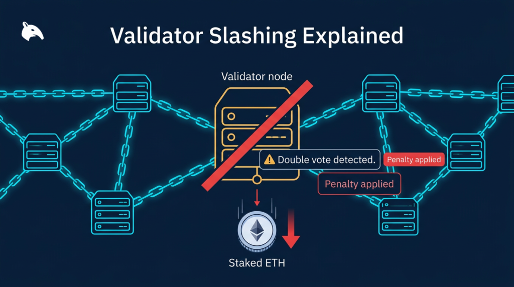 diagram of validator slashing mechanism in proof of stake blockchain on a navy fintech background