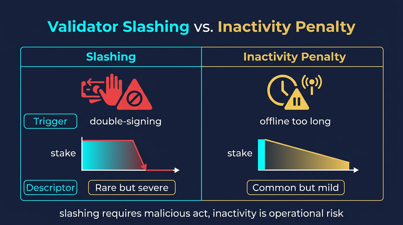 comparison diagram showing validator slashing triggered by double-signing as rare but severe versus inactivity penalty from being offline as common but mild with stake reduction charts