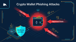 illustration of crypto wallet phishing attack vectors including fake sites and approval traps on navy background