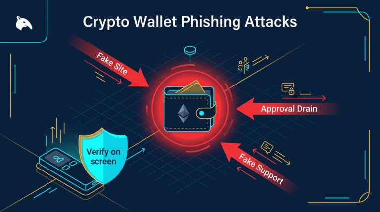 illustration of crypto wallet phishing attack vectors including fake sites and approval traps on navy background