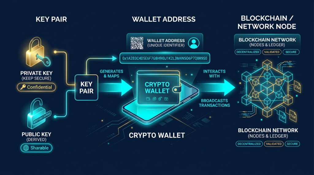 fintech illustration of a crypto wallet as key pair and blockchain connection on navy background
