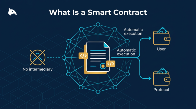 illustration of a smart contract executing automatically on a blockchain network on a navy fintech background