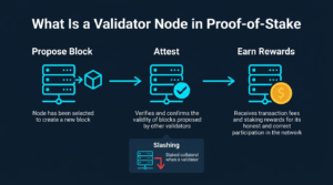 diagram showing how a validator node proposes blocks, attests to other blocks, and earns rewards on a proof-of-stake blockchain with slashing penalty shown for misbehavior