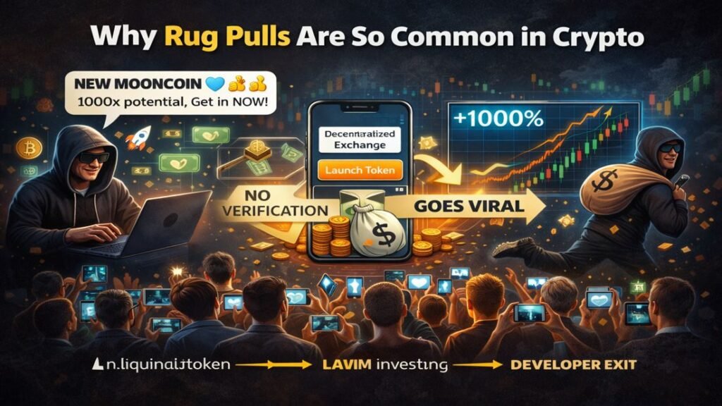 What Is a Crypto Rug Pull? 3 infographic explaining why crypto rug pulls are common due to permissionless token creation social hype and weak accountability