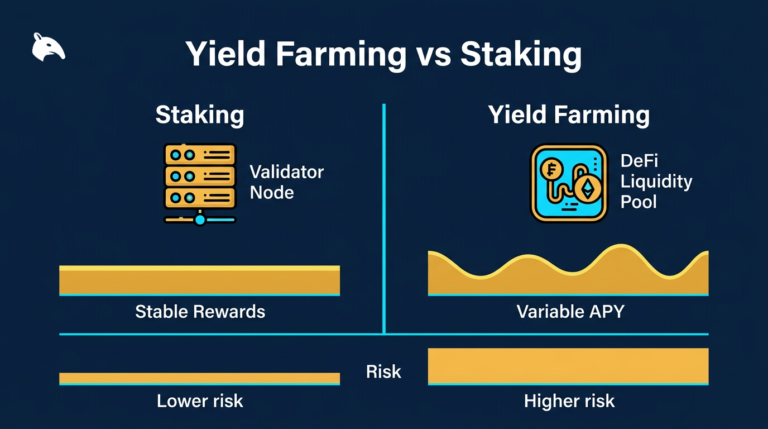 comparison diagram of yield farming and staking on a navy blue fintech background