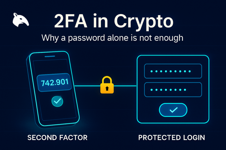 Editorial Snout0x hero showing a smartphone authenticator app with a 6-digit code on the left, a thin cyan beam with a gold padlock in the middle, and a login form panel with masked input rows on the right.