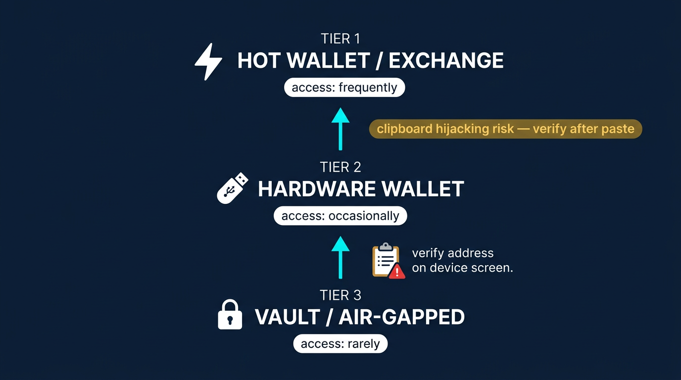 diagram showing the safe asset movement sequence between three crypto custody tiers with address verification and clipboard hijacking warning