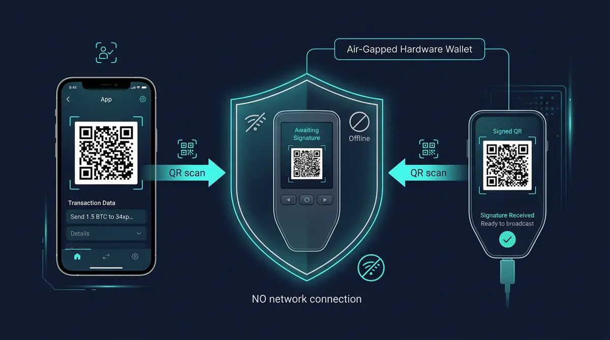 diagram showing QR code flow for air-gapped transaction signing from phone to wallet and back