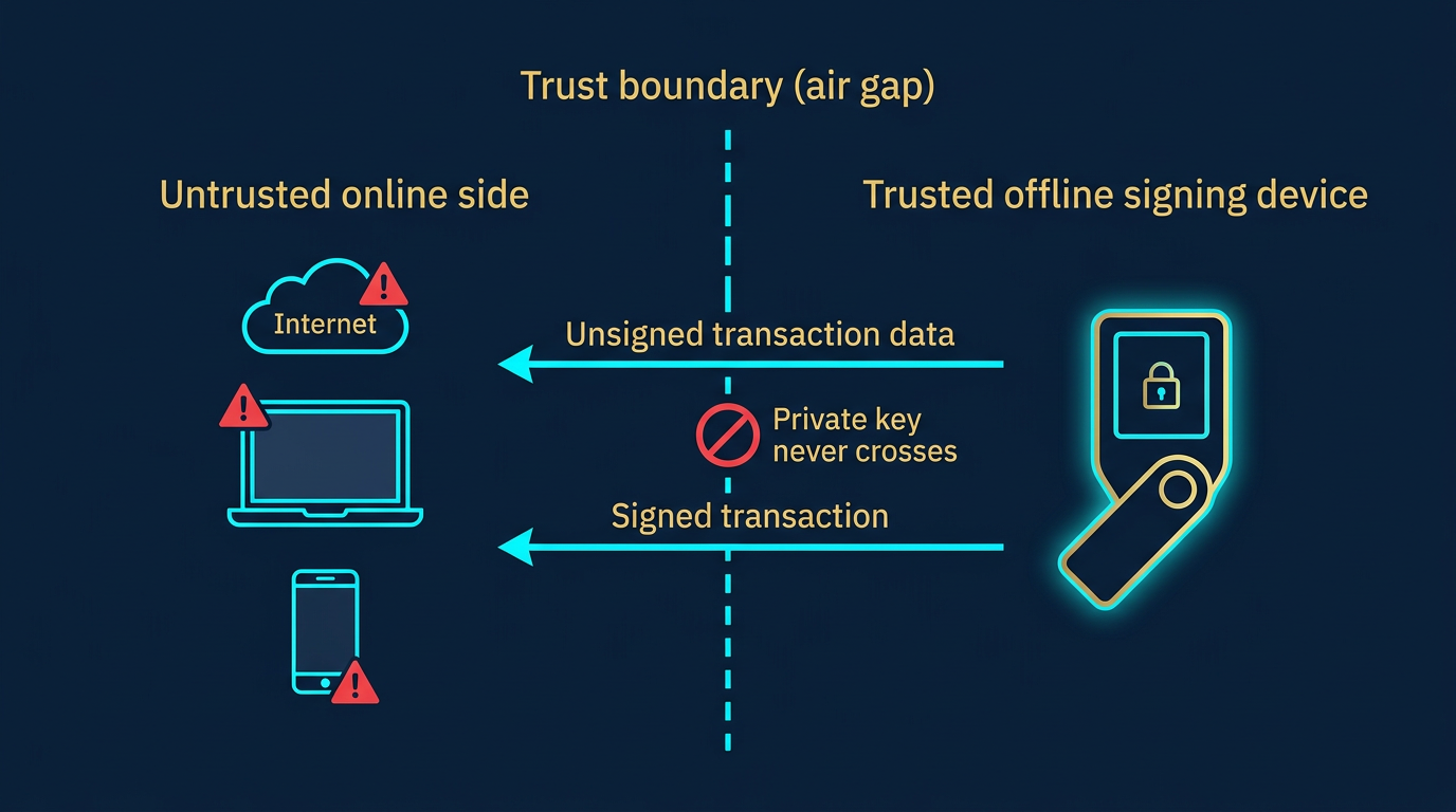 diagram showing the air-gapped wallet trust boundary with the untrusted online side containing the internet computer and phone on one side and the trusted offline signing device on the other side with only unsigned transaction data crossing in and a signed transaction crossing out and the private key never crossing the boundary