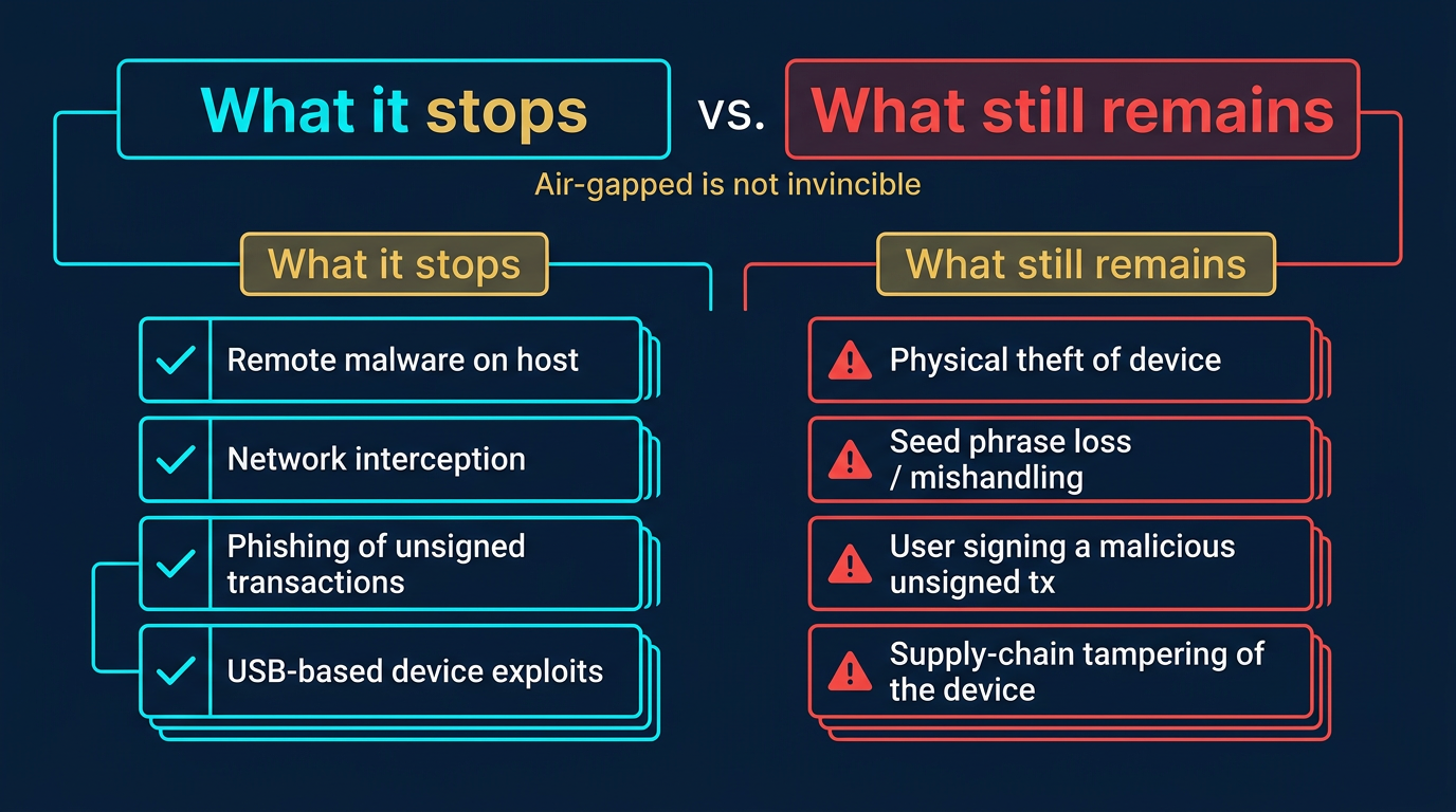 diagram comparing what an air-gapped wallet removes from the attack surface remote malware network interception phishing of unsigned transactions and USB based device exploits versus what risks remain physical theft seed phrase loss user signing a malicious unsigned transaction and supply chain tampering of the device itself