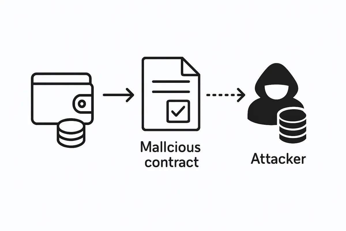diagram showing how unlimited token approval phishing works to drain wallet funds