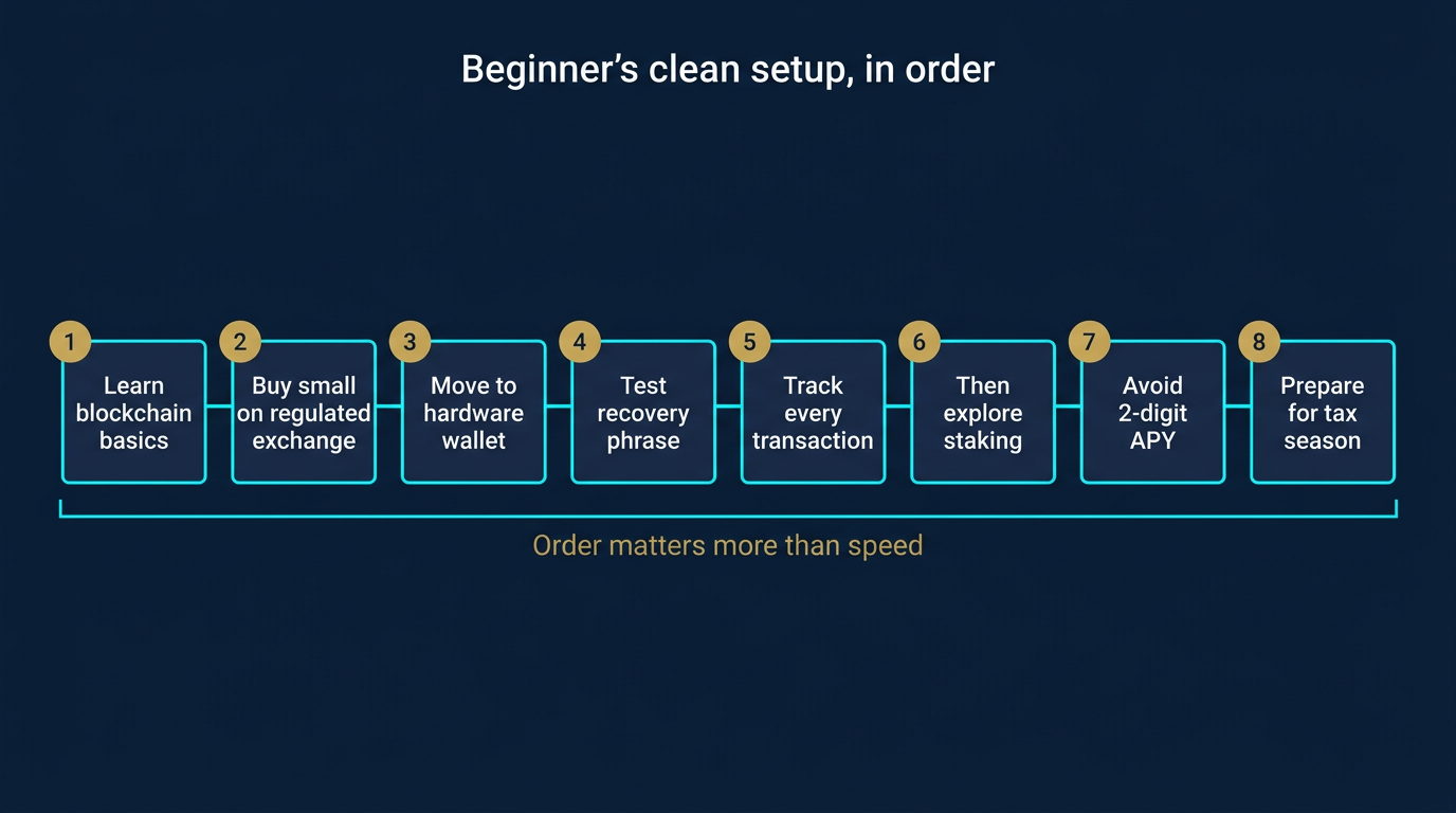 Eight-step ordered roadmap showing a clean beginner crypto setup: learn blockchain basics, buy small on a regulated exchange, move to a hardware wallet, test the recovery phrase, track every transaction, then explore staking, avoid two-digit APY, and prepare for tax season
