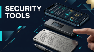 Editorial dark layout showing a hardware wallet, metal seed backup, and verification concept as one layered crypto security stack