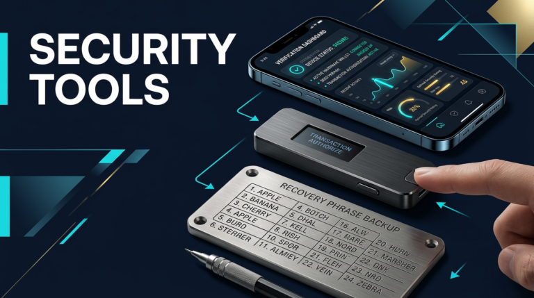 Editorial dark layout showing a hardware wallet, metal seed backup, and verification concept as one layered crypto security stack