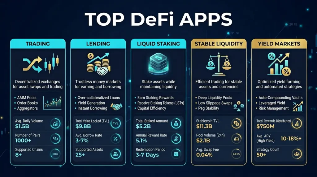 Best DeFi Platforms 2026: Route by Job and Risk Surface 1 comparison graphic showing top DeFi platform categories for trading lending staking and yield in 2026