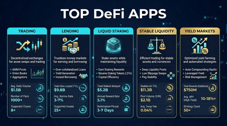 Best DeFi Platforms 2026: Route by Job and Risk Surface 4 comparison graphic showing top DeFi platform categories for trading lending staking and yield in 2026