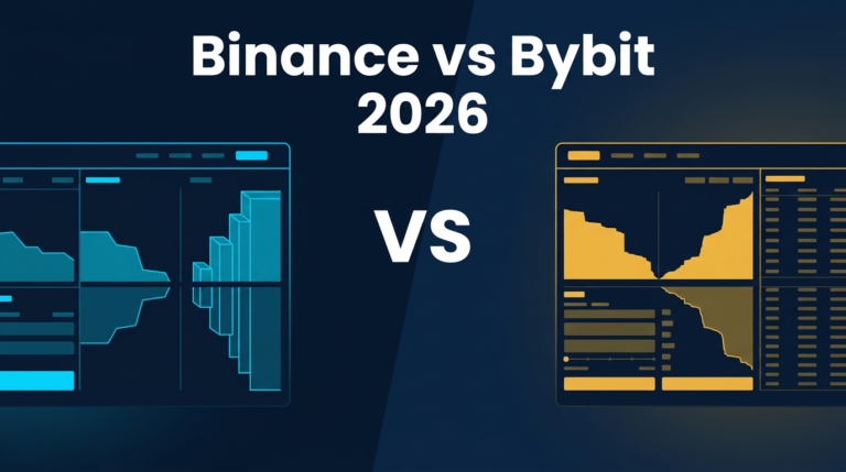 Binance vs Bybit 2026: Which Exchange Is Right for You? 2 Binance vs Bybit 2026 exchange comparison with VS divider on dark navy background