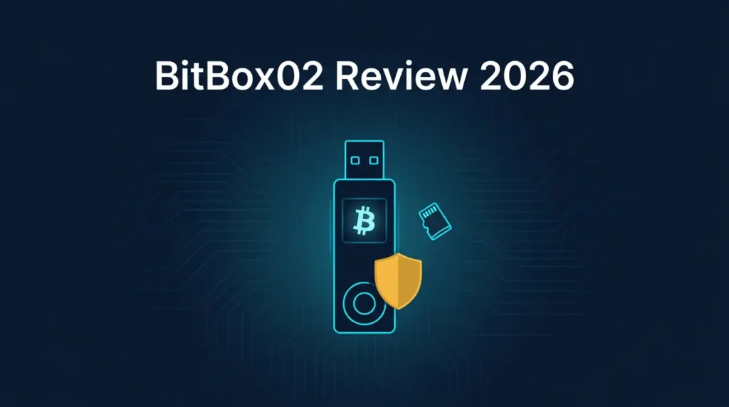 BitBox02 Review 2026 featuring the compact USB-C hardware wallet on dark navy background