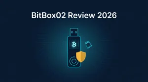 BitBox02 Review 2026 featuring the compact USB-C hardware wallet on dark navy background