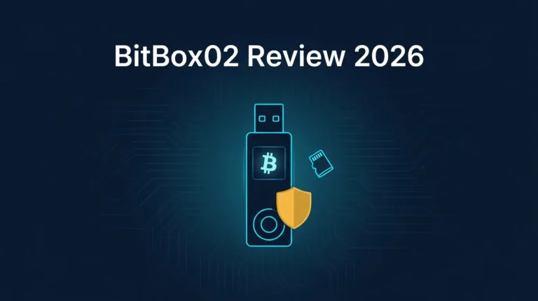 BitBox02 Review 2026 featuring the compact USB-C hardware wallet on dark navy background