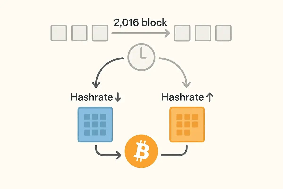 diagram showing the Bitcoin 2016 block difficulty adjustment cycle in response to hashrate changes