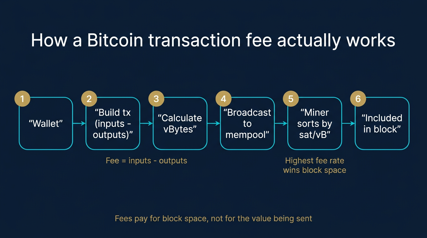 Six-stage horizontal process flow diagram showing how a Bitcoin transaction fee works from wallet through tx build, vBytes calculation, mempool broadcast, miner sorting by sat/vB, and inclusion in a block