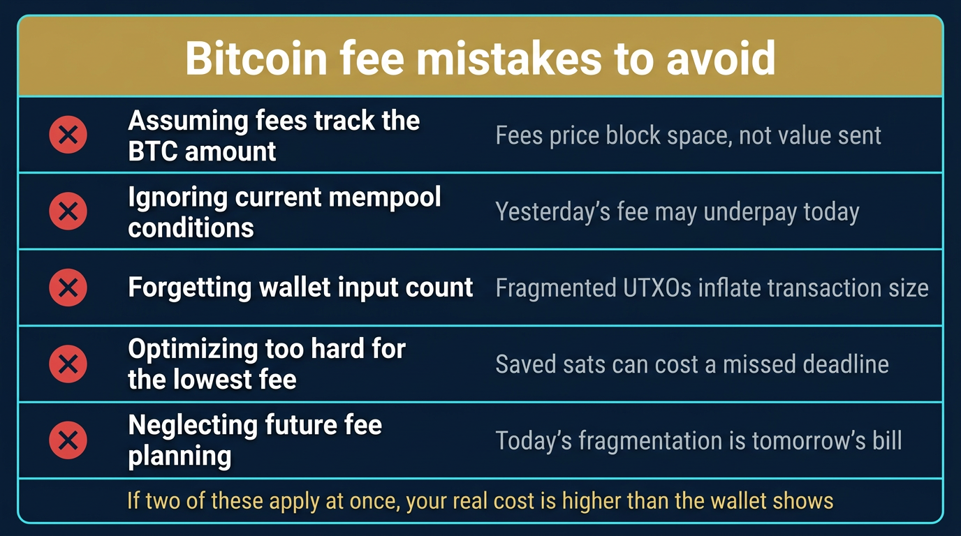 Vertical warning card listing five common Bitcoin fee mistakes including assuming fees track BTC amount, ignoring mempool conditions, forgetting wallet input count, optimizing too hard for the lowest fee, and neglecting future fee planning