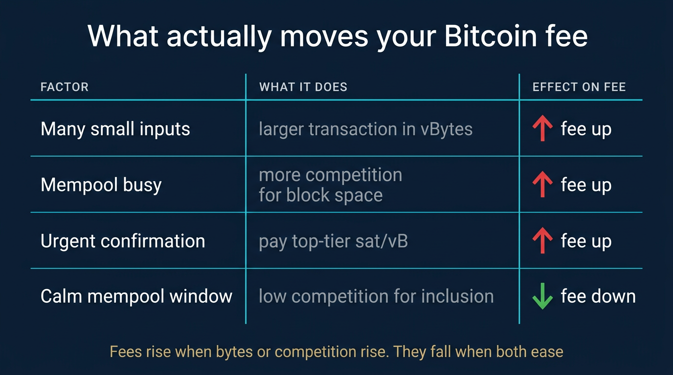 Four-row comparison table showing the structural and demand factors that move a Bitcoin fee, with directional arrows indicating whether each factor pushes the fee up or down