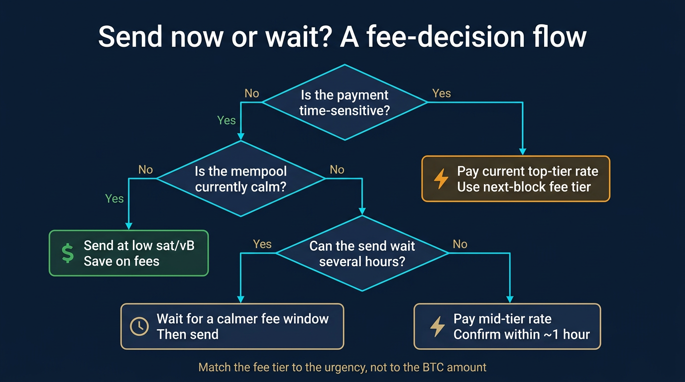 Vertical decision tree with three diamond-shaped decision nodes guiding the reader through whether to pay top-tier, mid-tier, or low fee, or to wait for a calmer mempool window before sending Bitcoin